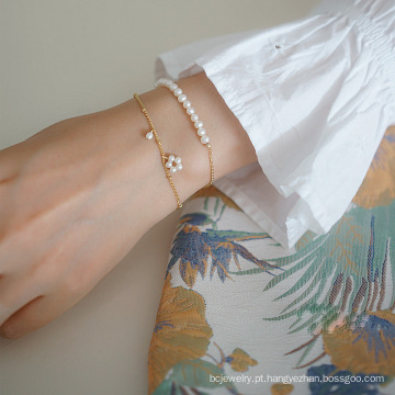 Shangjie OEM Tobillera Elegante Bracelete Flor Vintage 925 Prata esterlina Dolden Dainty Womens Pearl Bracelet